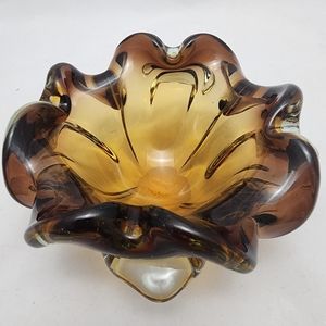 Vintage Mid Century Flower Shaped Murano Style Amber Art Glass Ashtray